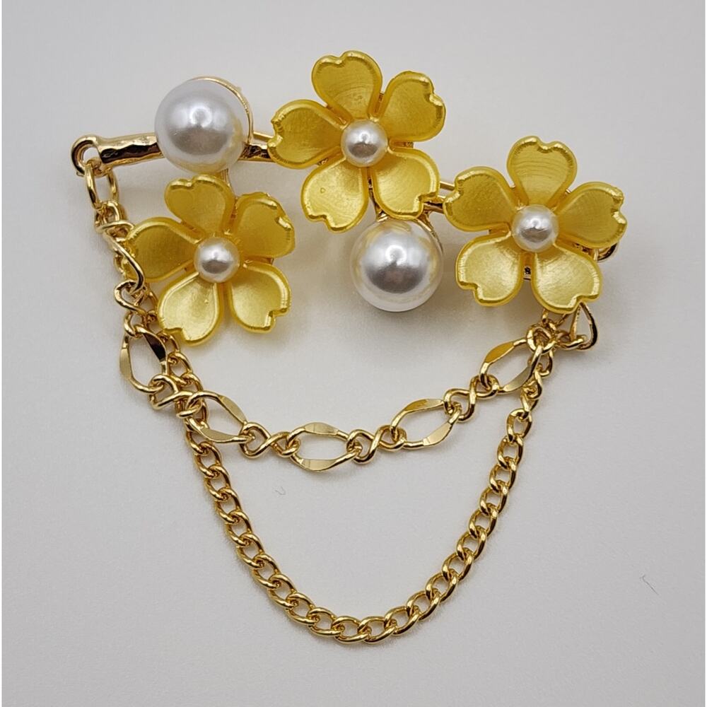 Springtime Yellow Flower Bar Brooch Faux Pearl Chains Across Bottom Lovely